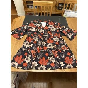 Emery Rose A-Line Dress Floral Tiered Black Orange V-Neck Knee 0XL Women